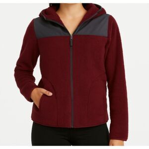 SO Women’s XS Sherpa Zip-Up Jacket – Maroon Fuzzy Hooded Coat with Pockets